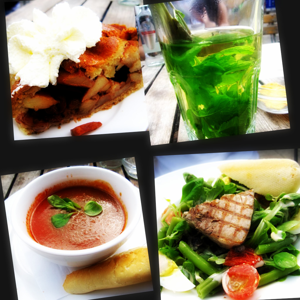 Cafe Winkle: apple pie with cream; mint tea; tomato soup with olives and basil; tuna niscoise salad