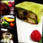 hibiscus juice; salmon teriyake set; plum wine; green tea tiramisu